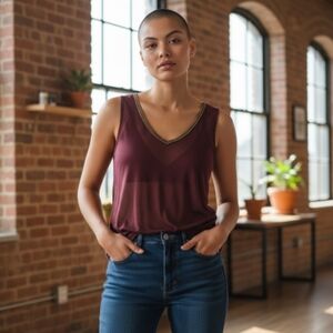 Alexandra Rosati sheer‎ V neck top blouse maroon bronze sz L